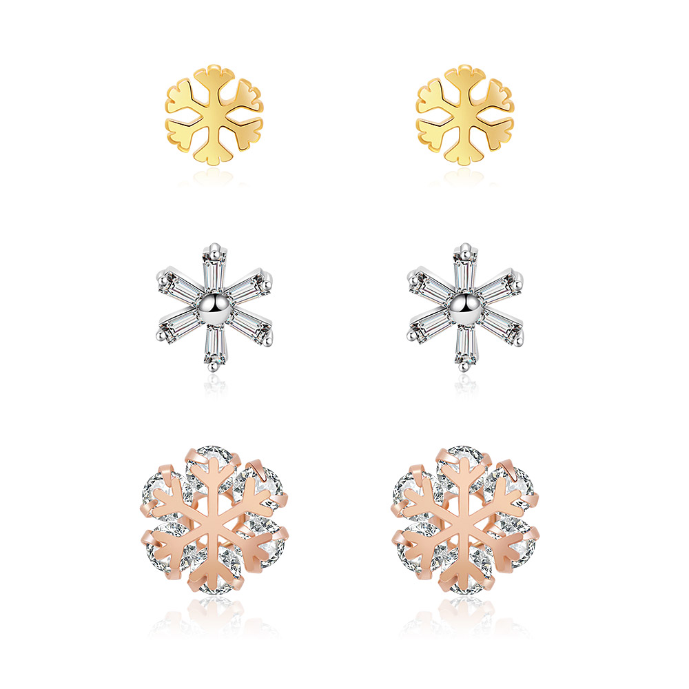 Three Tone CZ Studded Snowflake Earring Set